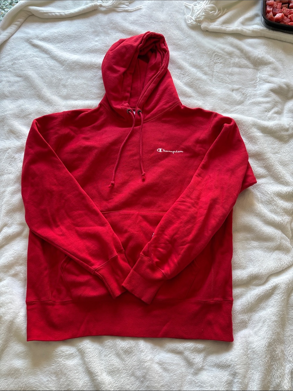 Champion Red Hooded Pullover Sweatshirt reverse weave
